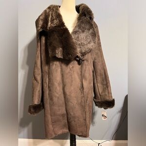 Alfani Brown Faux Fur Trim Coat